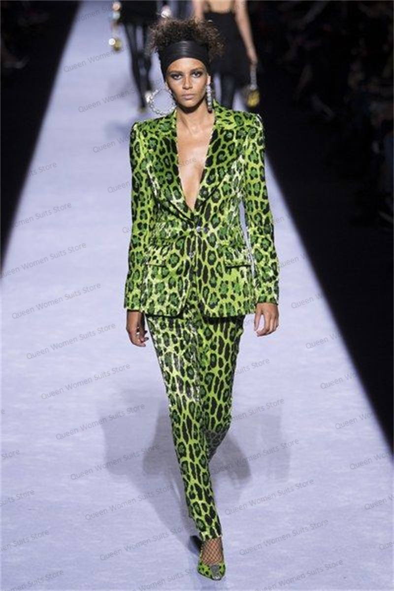 Women Formal Wear Coat - Sequins Leopard Women Suit Set Blazer+Pants