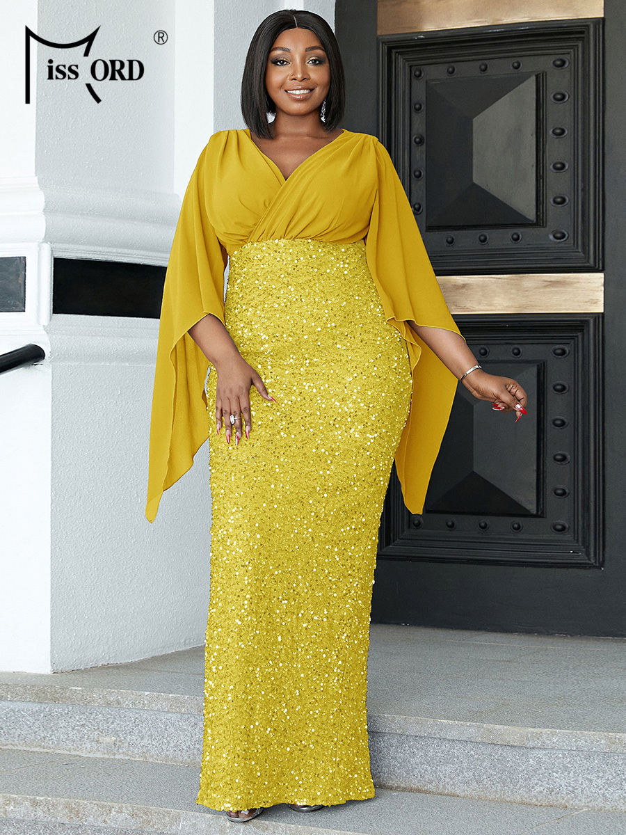 Women Formal Wear Dress - Missord Yellow Sequin Plus Size Wedding