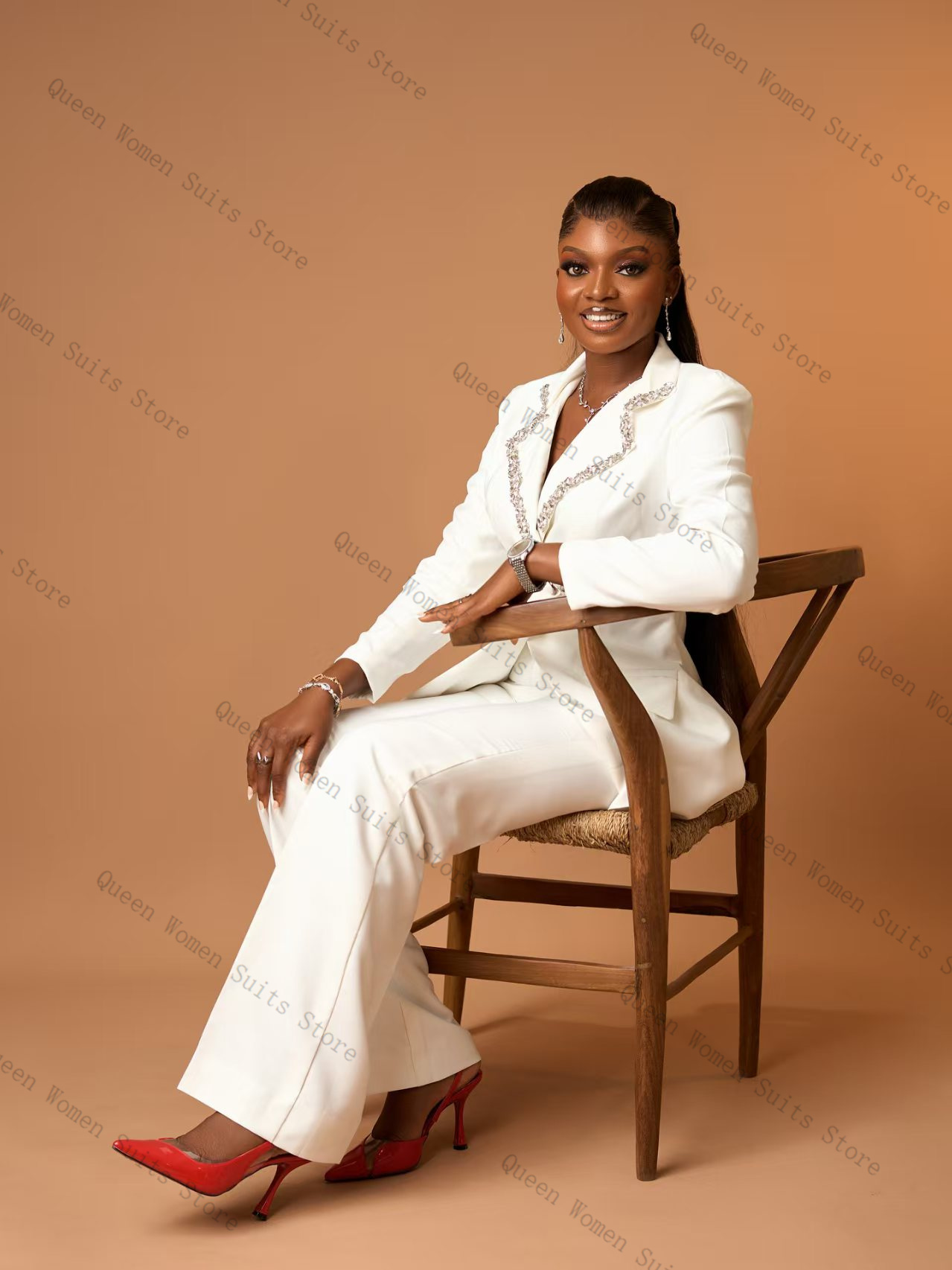 Women Formal Wear Coat - White Crystals Women Suit Set 2
