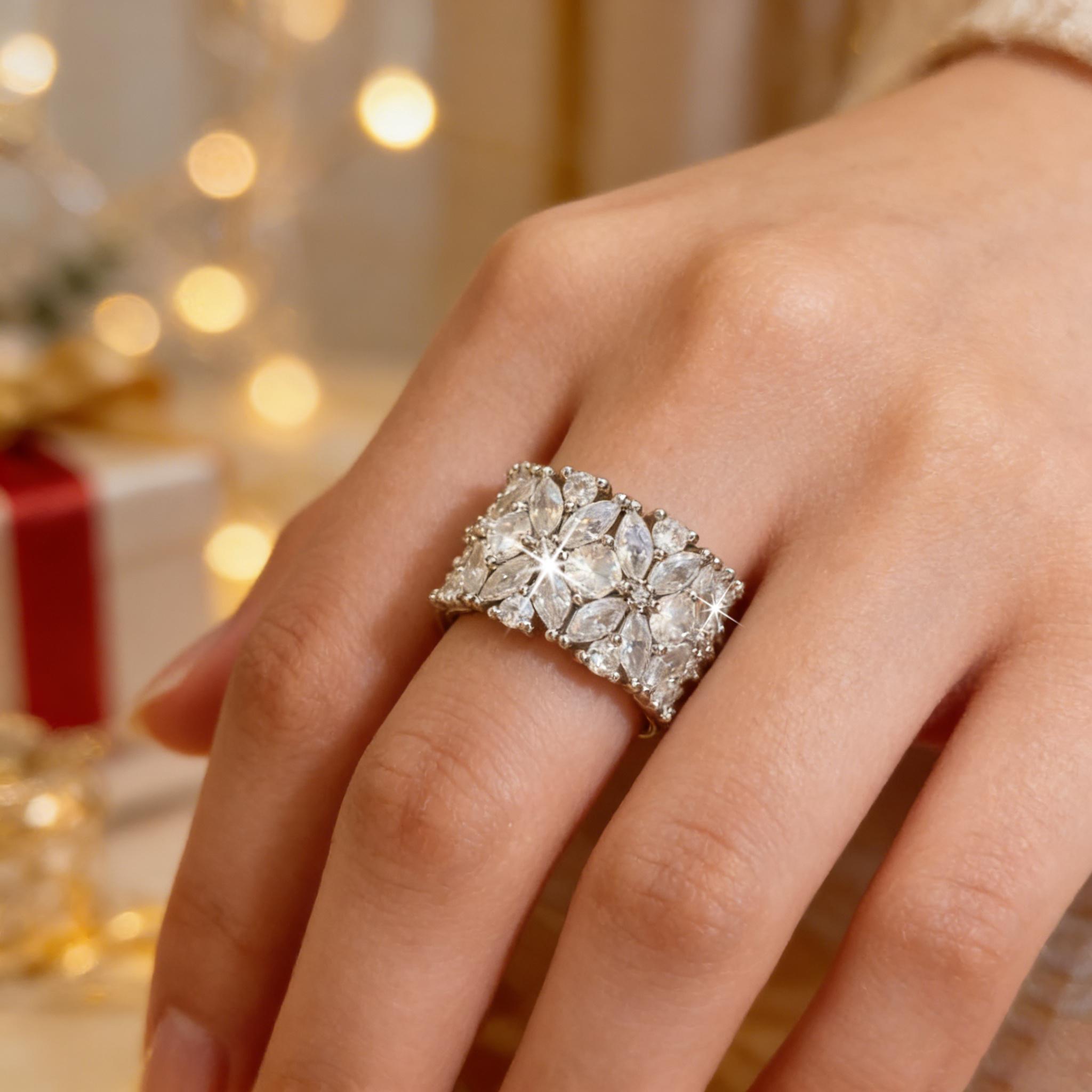 Women'S Formal Day Wear - Vintage Flower Cluster Wide Band Ring