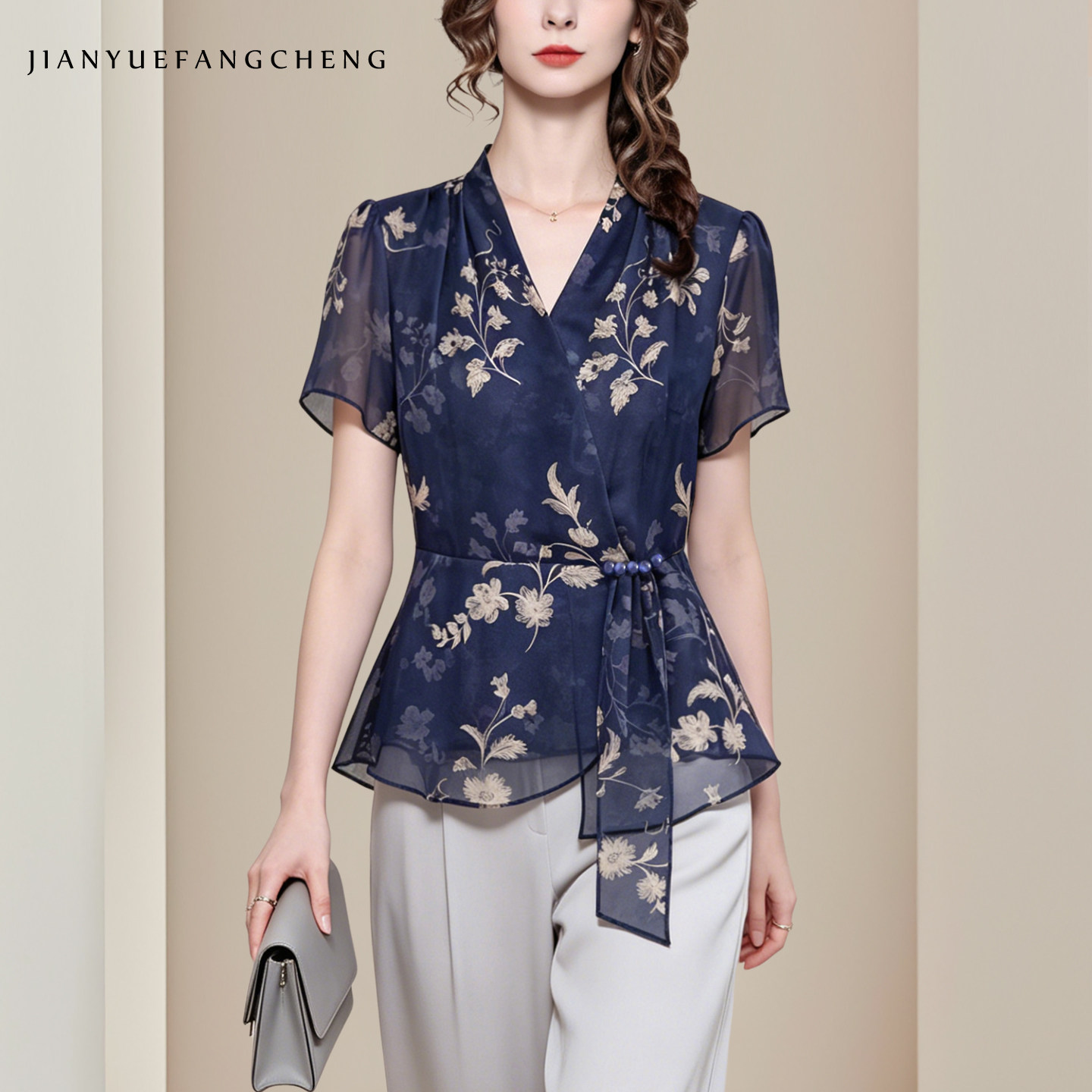 Women'S Formal Wear Suit - Fashion Retro Floral Print Blue Chiffon