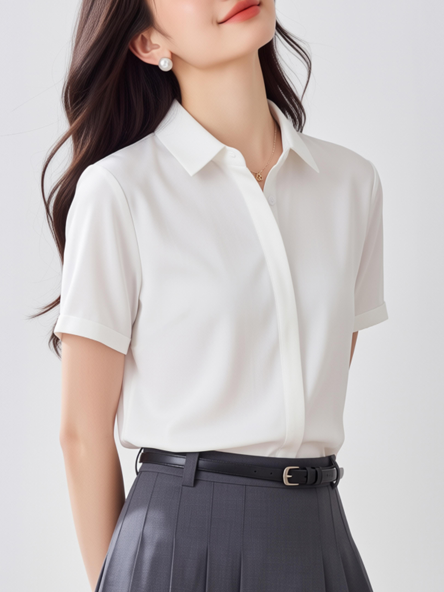Women'S Formal Wear Cardigan - White V-Neck Short Sleeve Chiffon Shirt