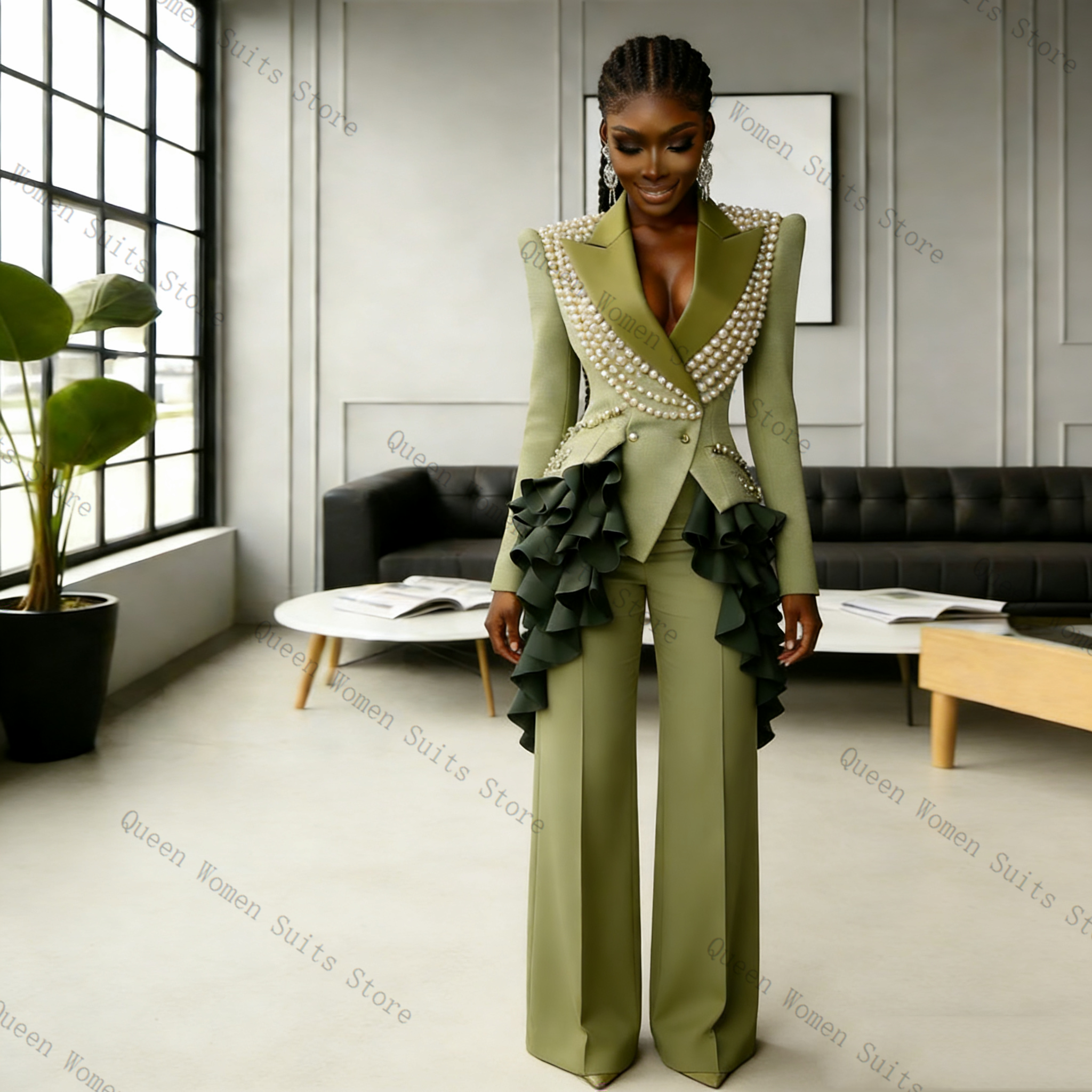 Women Formal Wear Coat - Luxury Pearls Women Suit Pants Set