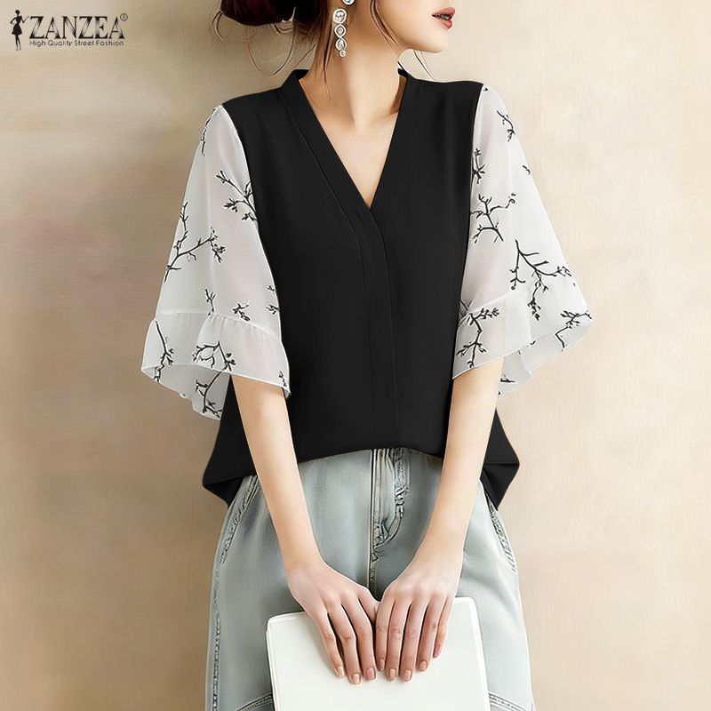 2026 Summer Floral Patchwork B - Silk Blouse Button ulasan dan harga