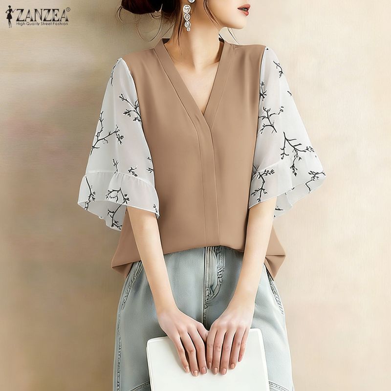 2026 Summer Floral Patchwork B - Silk Blouse Button ulasan dan harga