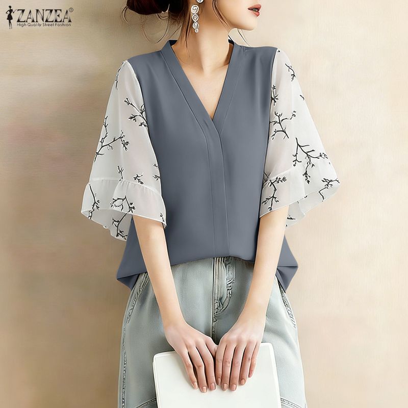2026 Summer Floral Patchwork B - Silk Blouse Button ulasan dan harga
