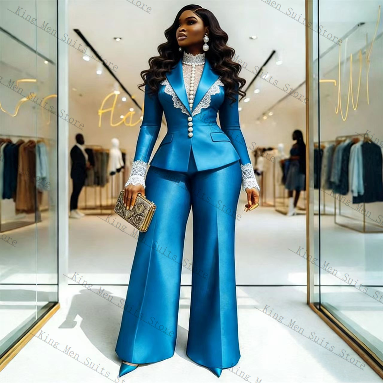 Blue Satin Lace Women Suit Set - Women Formal Wear Coat ulasan dan harga