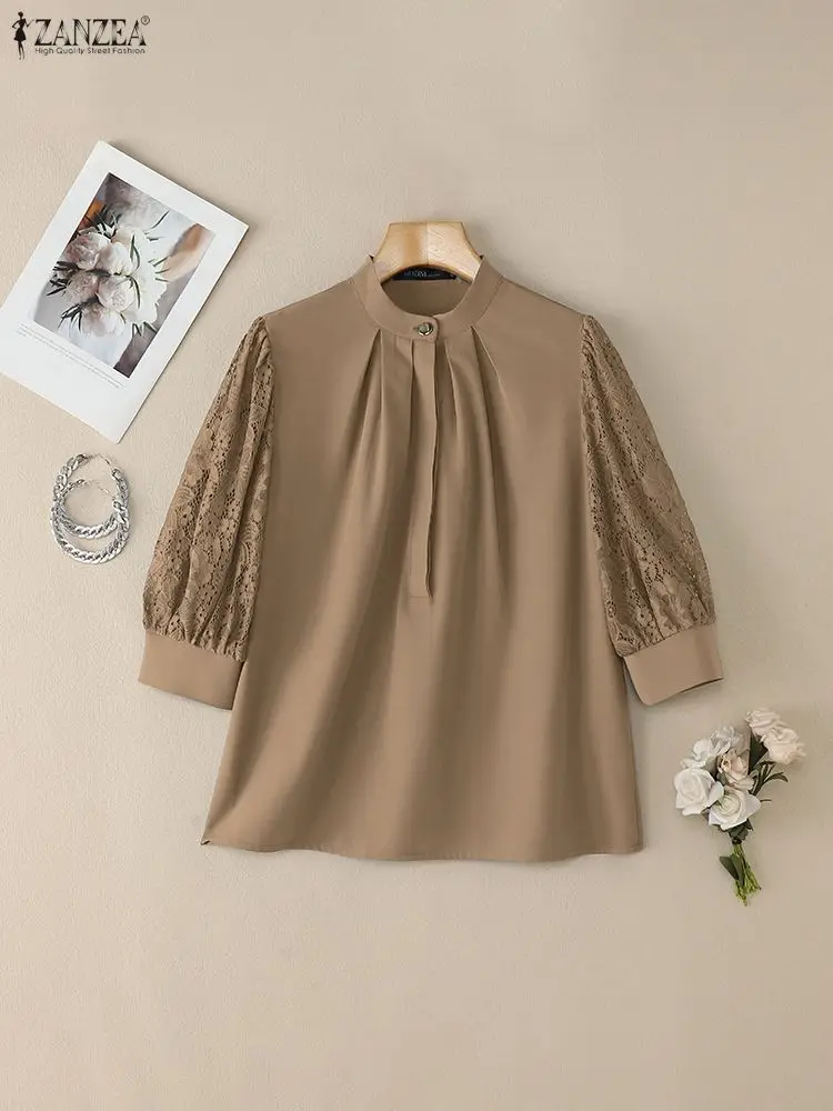 2025 ZANZEA Summer Lace Patchw - Silk Blouse Button ulasan dan harga