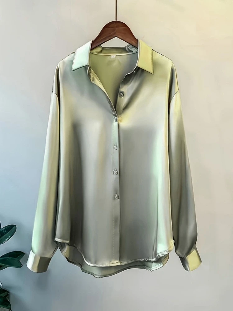 Plus Size Loose Casual Women S - Silk Blouse Button ulasan dan harga