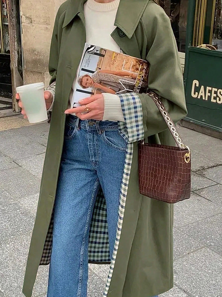 New In Plaid Lining Solid Tren - Trench Coat Formal ulasan dan harga