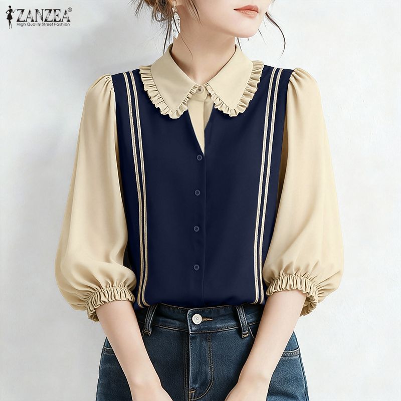 ZANZEA Women Summer Patchwork  - Silk Blouse Button ulasan dan harga