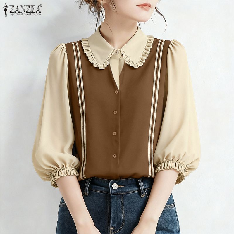 ZANZEA Women Summer Patchwork  - Silk Blouse Button ulasan dan harga