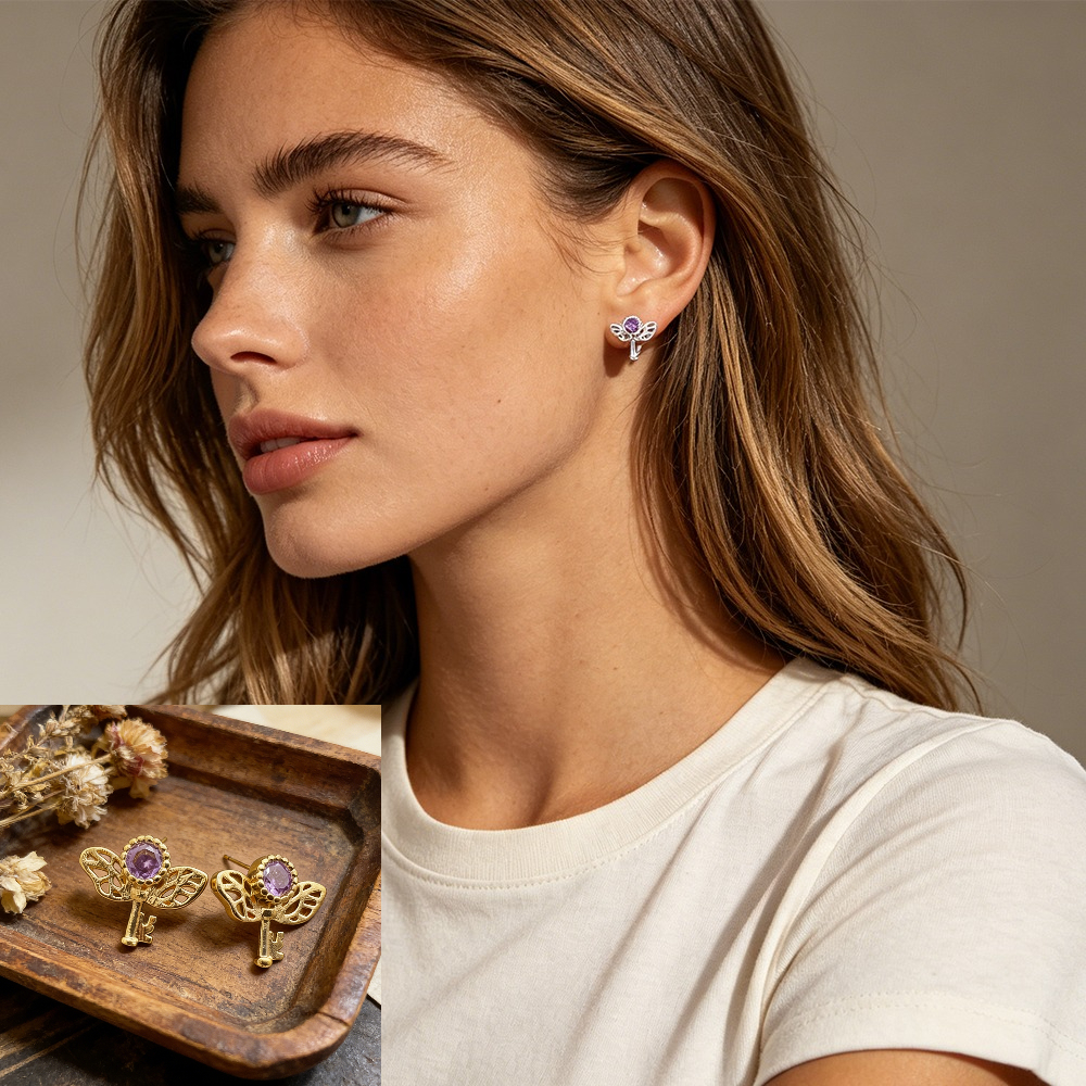 Retro Key Amethyst Stud Earrin - Women'S Formal Day Wear ulasan dan harga