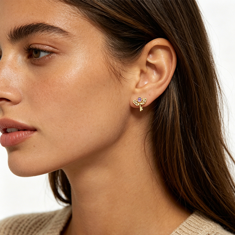 Retro Key Amethyst Stud Earrin - Women'S Formal Day Wear ulasan dan harga